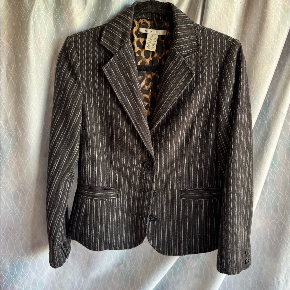 CAbi Black and Gray Pinstripe Blazer w/leopard print satin lining